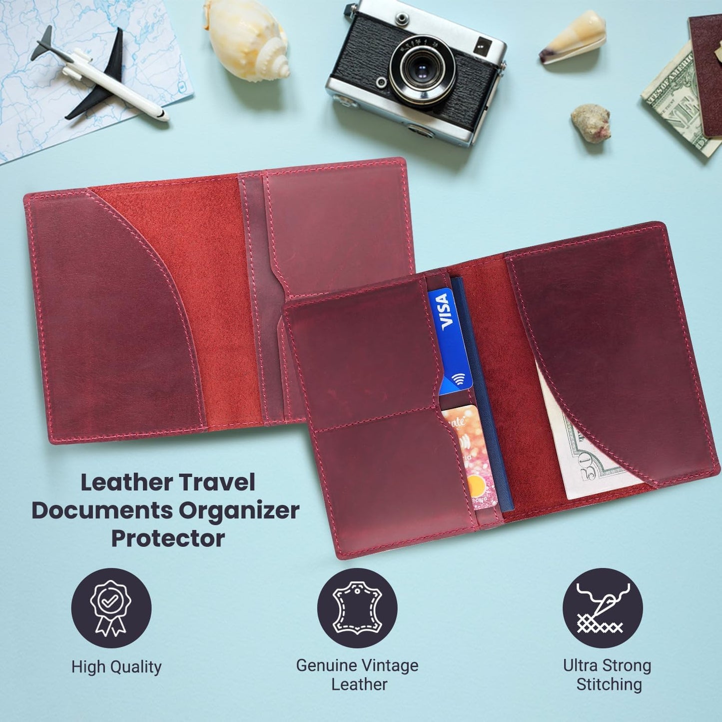 Leather Passport Holder with Travel Wallet, Genuine Leather Passport Cover- Passport Wallet, Leather Folding Wallet for Passports (Oval Cut, Red)