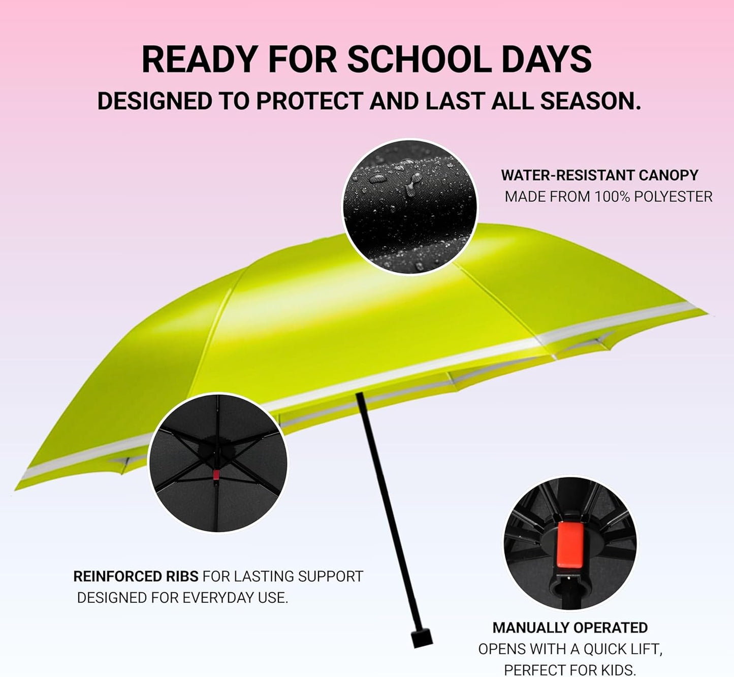 Knirps Rookie Manual Rain Umbrella for Elementary and Middle School Kids – 35.4" Canopy with Reflective Safety Stripe, Carrying Case Included
