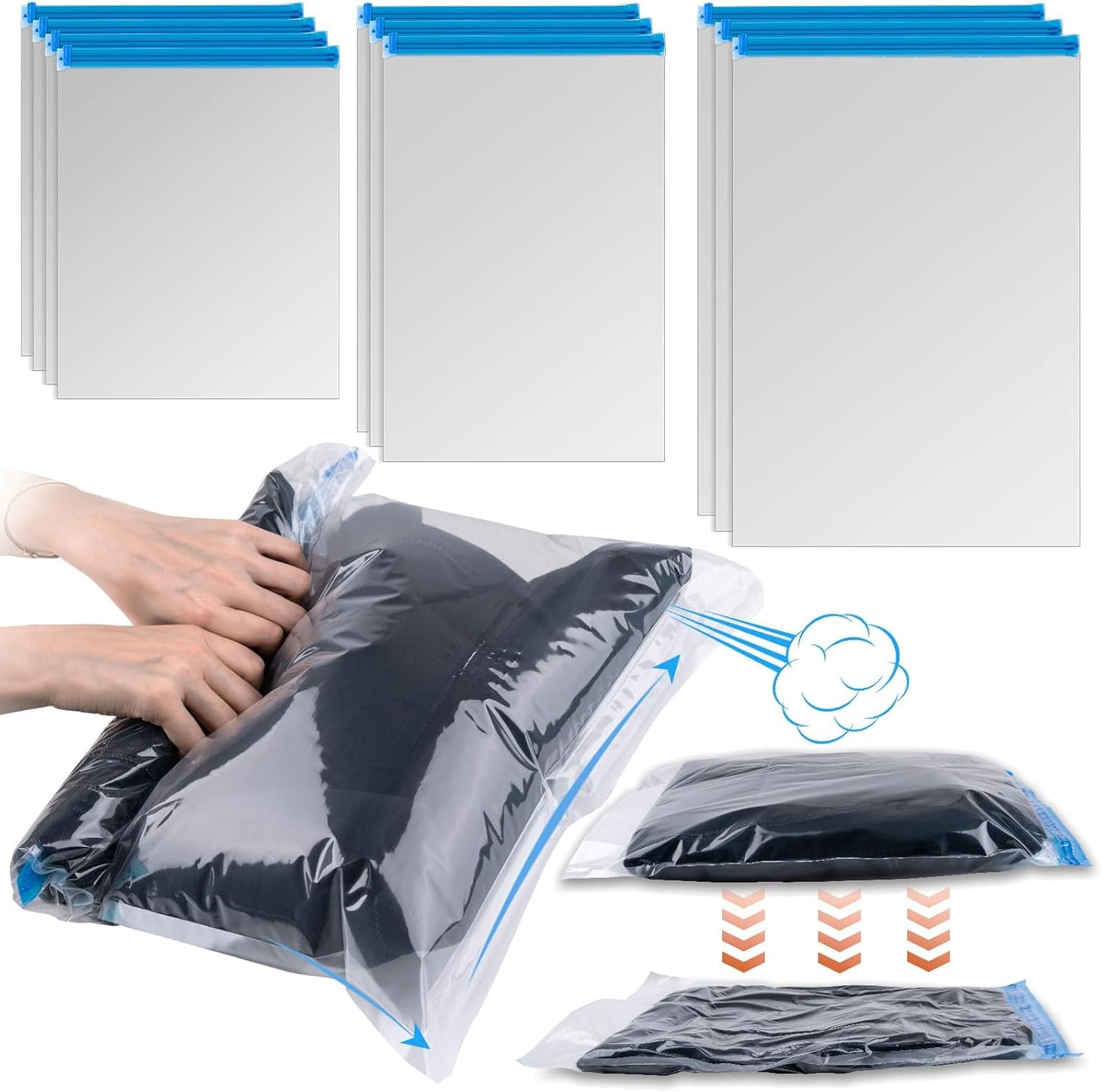 10 PCS Compression Bags for Travel Essentials, 3 Sizes Space Saver Bags, No Vacuum or Pump Needed, Roll Up Vacuum Packing for Clothing Storage, Cruise Accessories, Luggage & Home Organizers