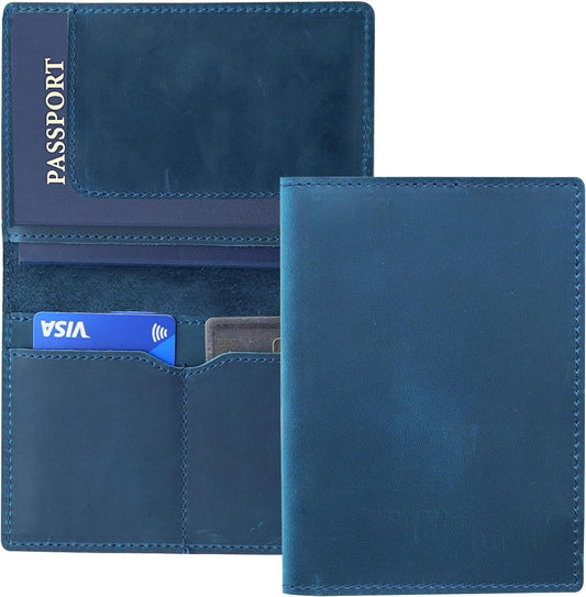 Leather Passport Holder with Travel Wallet, Genuine Leather Passport Cover- Passport Wallet, Leather Folding Wallet for Passports (Straight Cut, Blue)