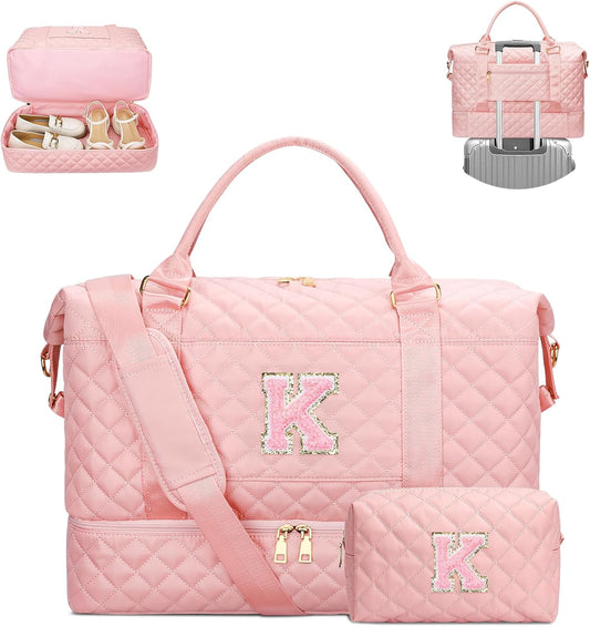 Gifts for Women Girls Initial Travel Duffle Bag Quilted Weekender Carry-On Overnight with Cosmetic Bag, Gym Bag with Shoe Compartment, Pink K