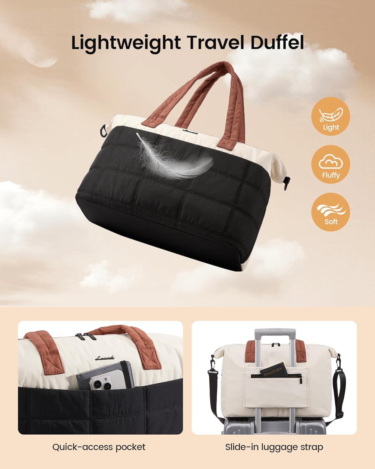 LOVEVOOK Quilted Duffle Bag for Travel,48L Gym Bag for Women with Wet Pocket,Water Resistant Weekender Overnight Bag Tote Bag for Women with Laptop Compartment(Black White Brown)