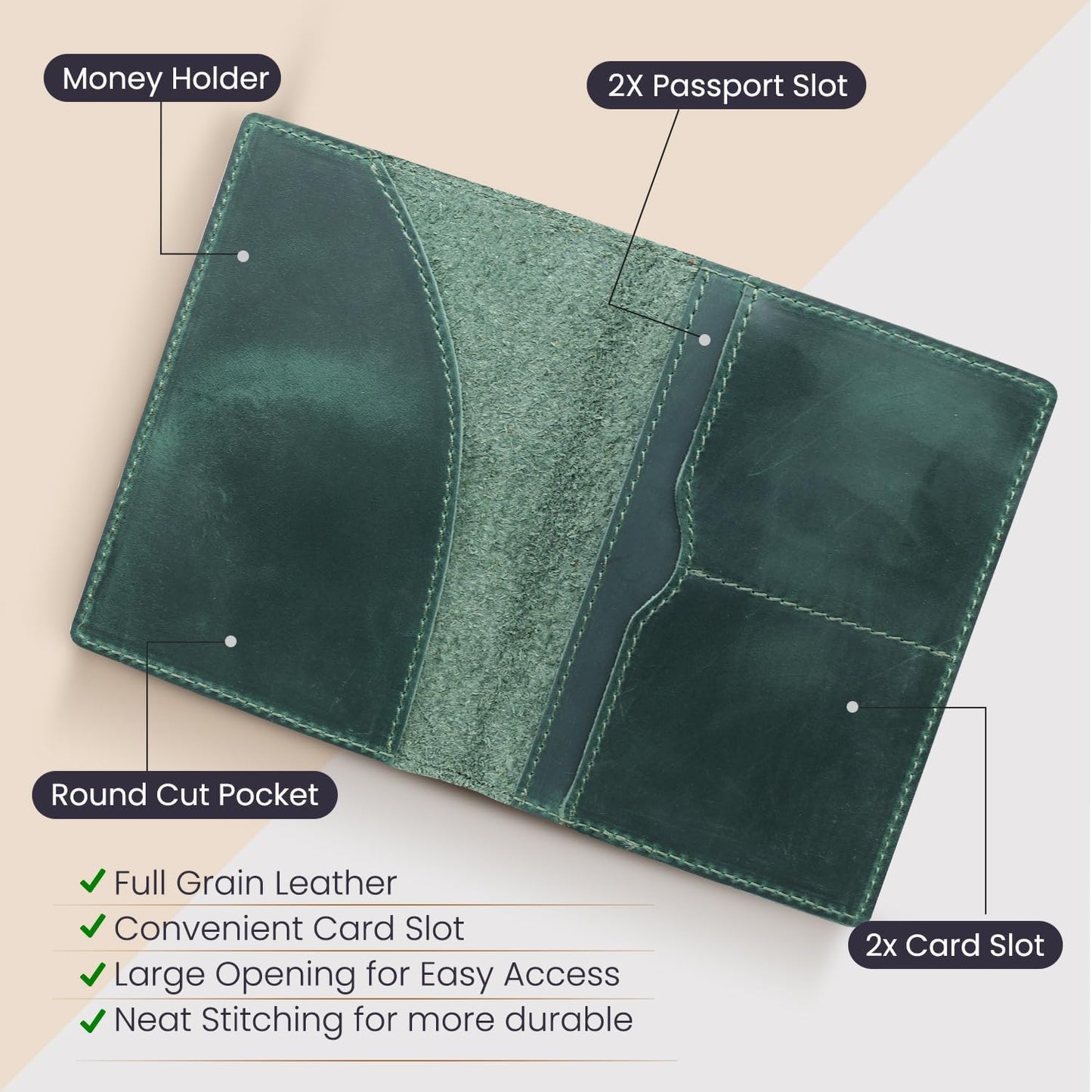 Leather Passport Holder with Travel Wallet, Genuine Leather Passport Cover- Passport Wallet, Leather Folding Wallet for Passports (Oval Cut, Green)