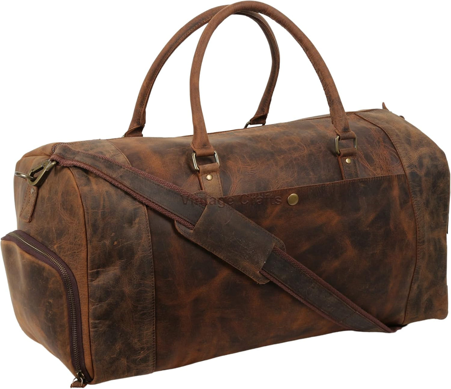 22 Inch Genuine Leather Full Grain Duffel Bag | Overnight Travel Weekend Sports Gym Traveling | Carryon Durable Cabin With Shoe Compartment For Men and Women