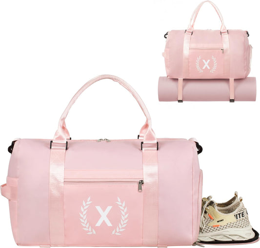 Gym Bag for Women, Personalized Duffle Bag with Shoe Compartment for Yoga & Dance with Wet Pocket and Mat Strap.