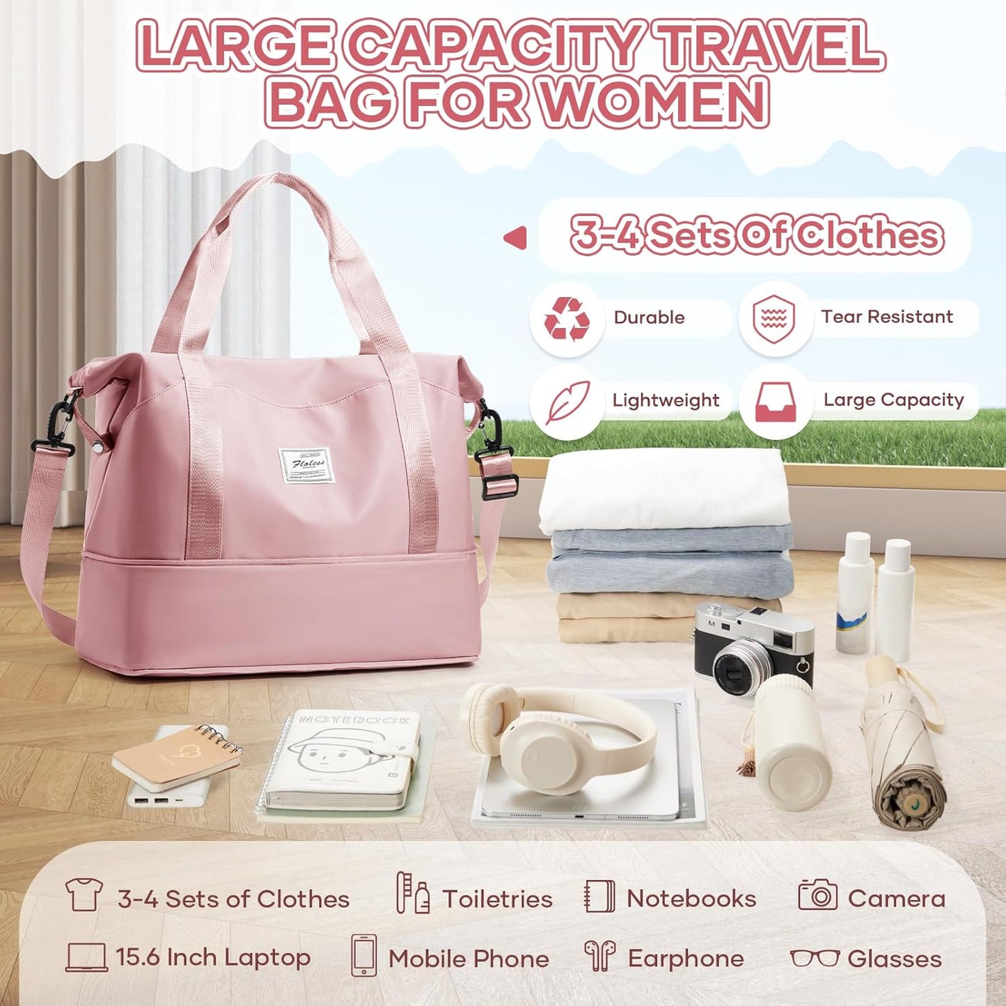 Travel Duffel Bag, Sports Tote Gym Bag, Shoulder Weekender Overnight Bag for Women