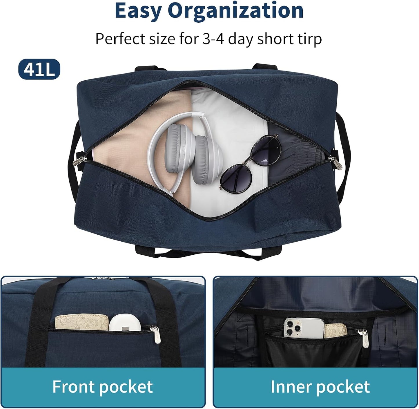 21 inch Gym Bag for Men - 40L Travel Duffel Bag Sport Duffle Bags for Weekend Overnight with Bottom Support (Navy Blue)