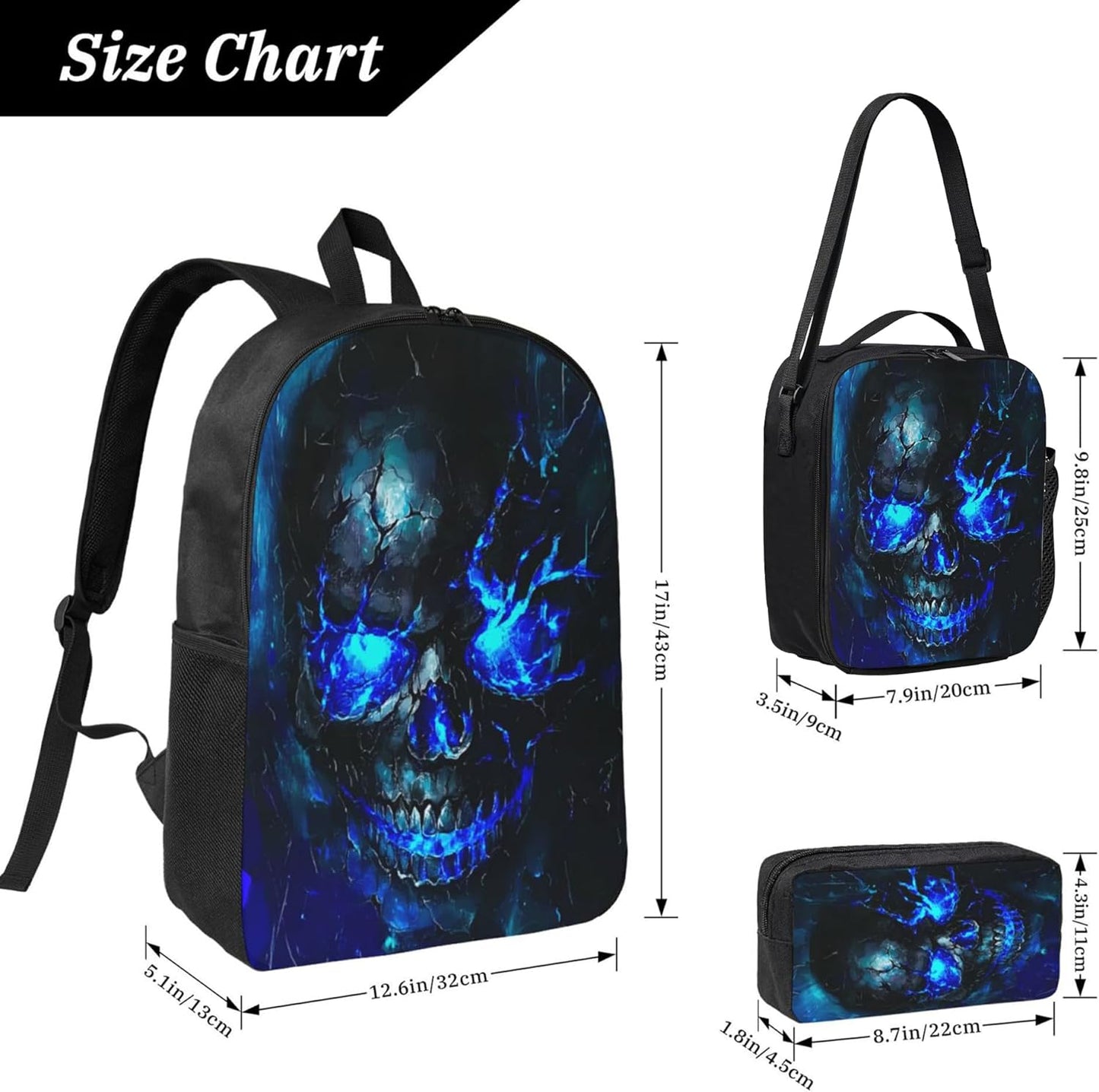 Skull Kid Backpack Set with Lunch Bag & Pencil Case Large Capacity School Bag 17 Inch Bookbag for Boy Girl
