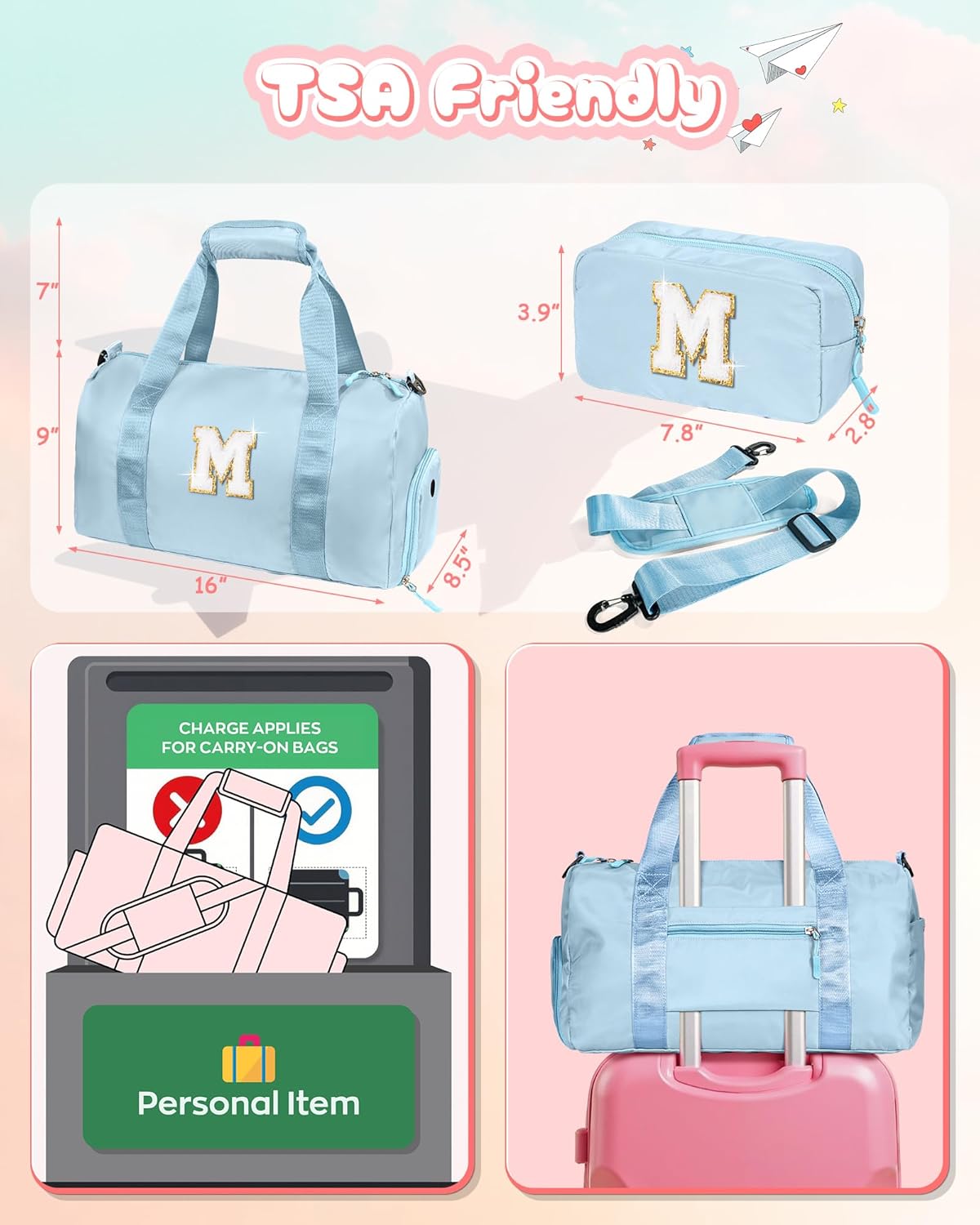 Stocking Stuffers for Kids-Girl Gym Bag with Shoe Compartment, Kid Personalized Weekender Overnight Bags, Initial Travel Tote with Makeup Pouch, Gifts for 7 Year Old Girls (Letter R)