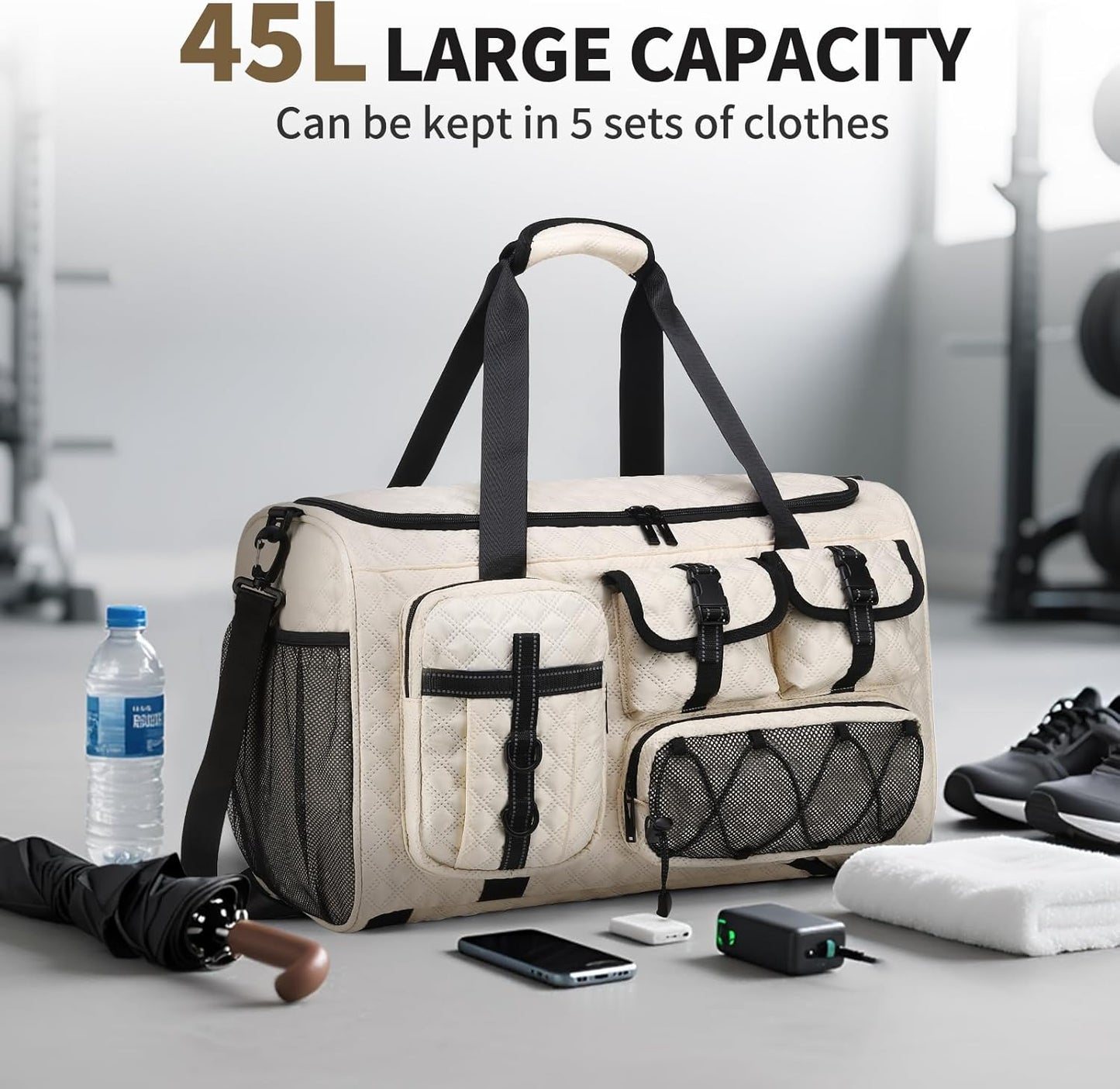 Gym Bag for Men Women, 40L Sport Duffel Bag, Anti-Theft Overnight Backpack W/Shoe Compartment for Fitness Travel, White