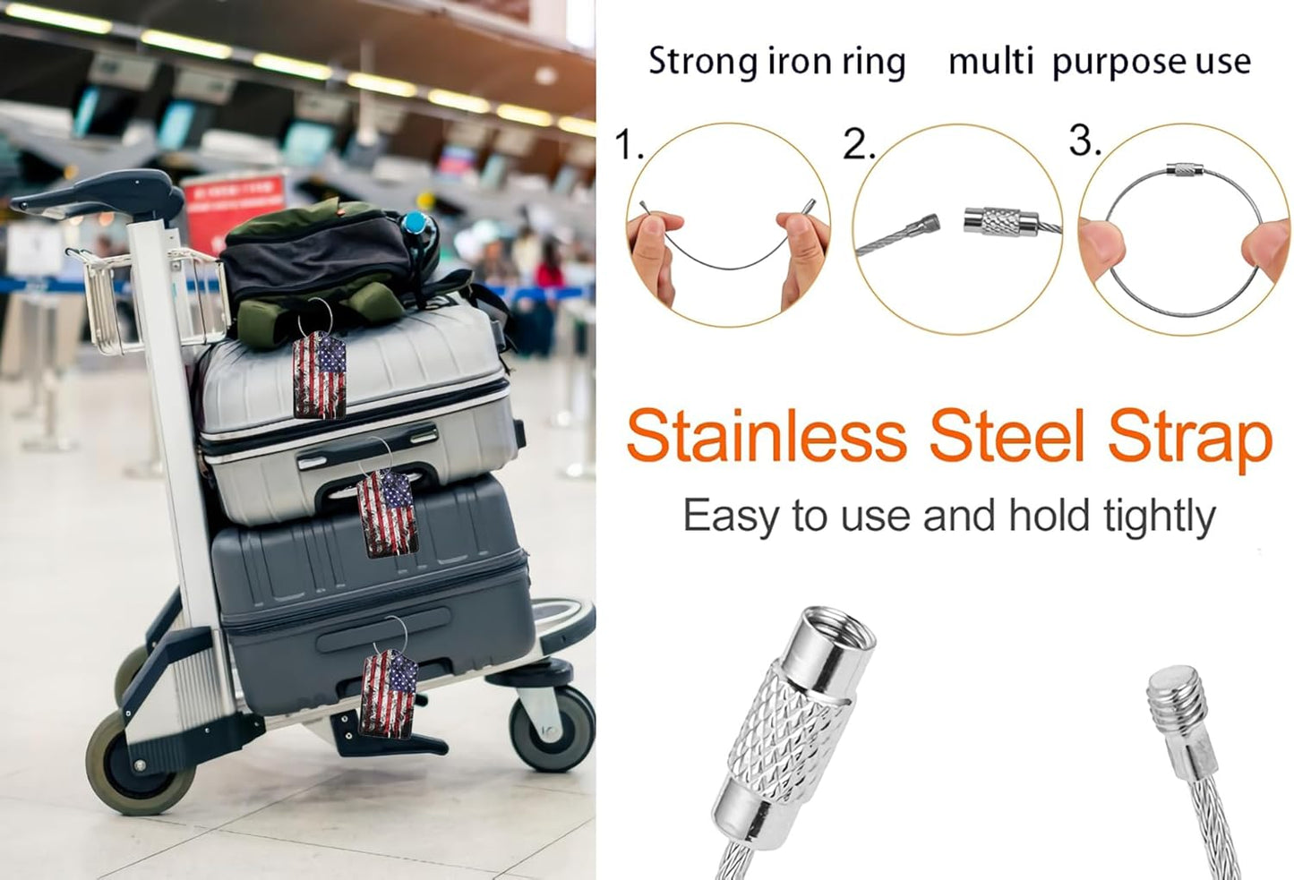 2 Pack American Flag Luggage Tags for Suitcases Unique Us Leather Luggage Tags Identifiers Privacy Cover Id Label with Stainless Steel Loop for Women Men Boys Girls Travel (American Flag)