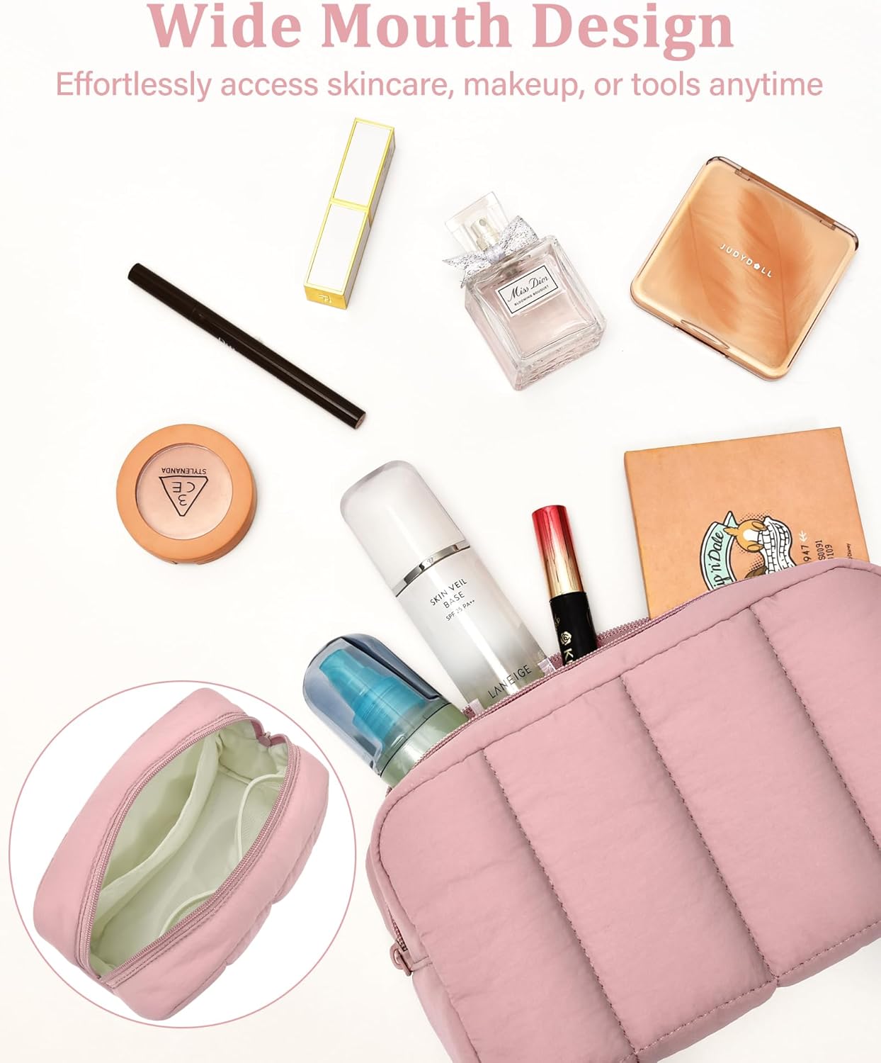 oscaurt 2 Pcs Makeup Bag Travel Toiletry Bag for Women Puffy Padded Cosmetic Pouch Purse Wide-open Makeup Organizer Case Travel Essentials