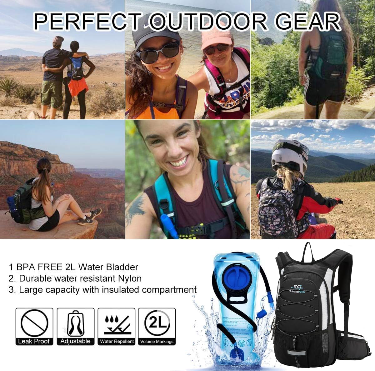 15L Insulated Hydration Backpack Pack with 2L Water Bladder Lightweight Hiking Backpack Bag for Women Men Daypack for Hiking Running Festival Camping Biking