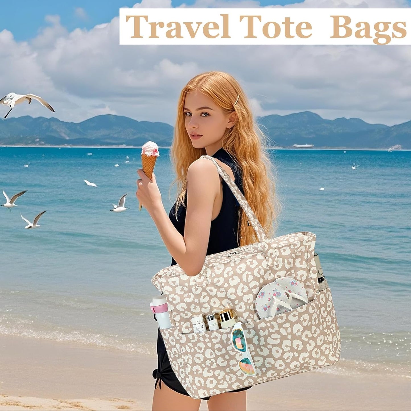 LEDAOU Beach Bag Waterproof Sandproof Women Tote Bag Pool Bag with Zipper for Gym Grocery Travel with Wet Pocket