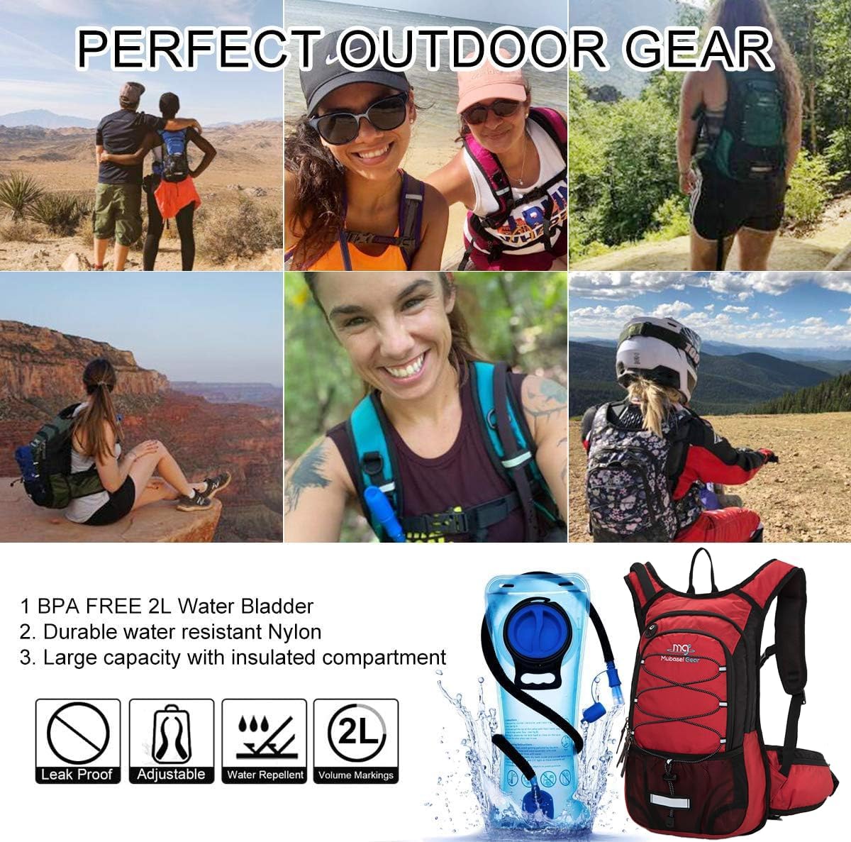 15L Insulated Hydration Backpack Pack with 2L Water Bladder Lightweight Hiking Backpack Bag for Women Men Daypack for Hiking Running Festival Camping Biking