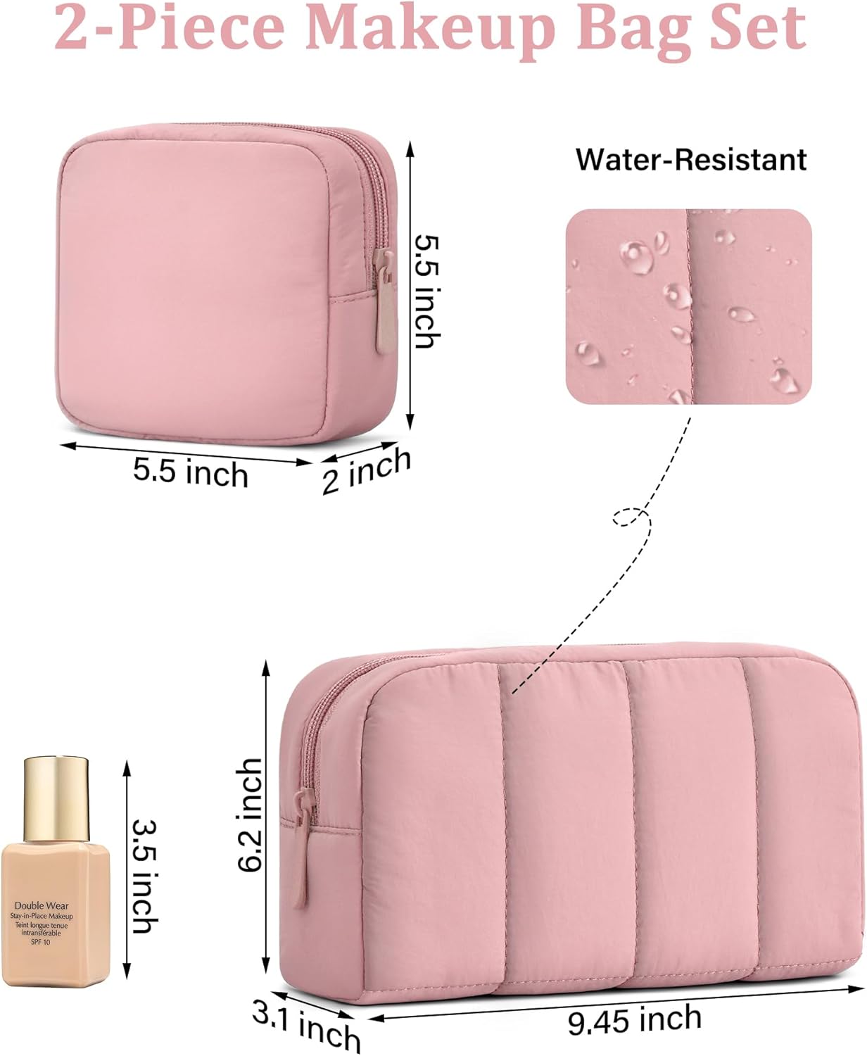 oscaurt 2 Pcs Makeup Bag Travel Toiletry Bag for Women Puffy Padded Cosmetic Pouch Purse Wide-open Makeup Organizer Case Travel Essentials