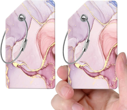 2 Luggage Tags, (1" Smaller Than Traditional) Perfect for Quick Luggage Identification with Stainless Steel Ring and Address Card for Travel and Luggage (Pink Marble)