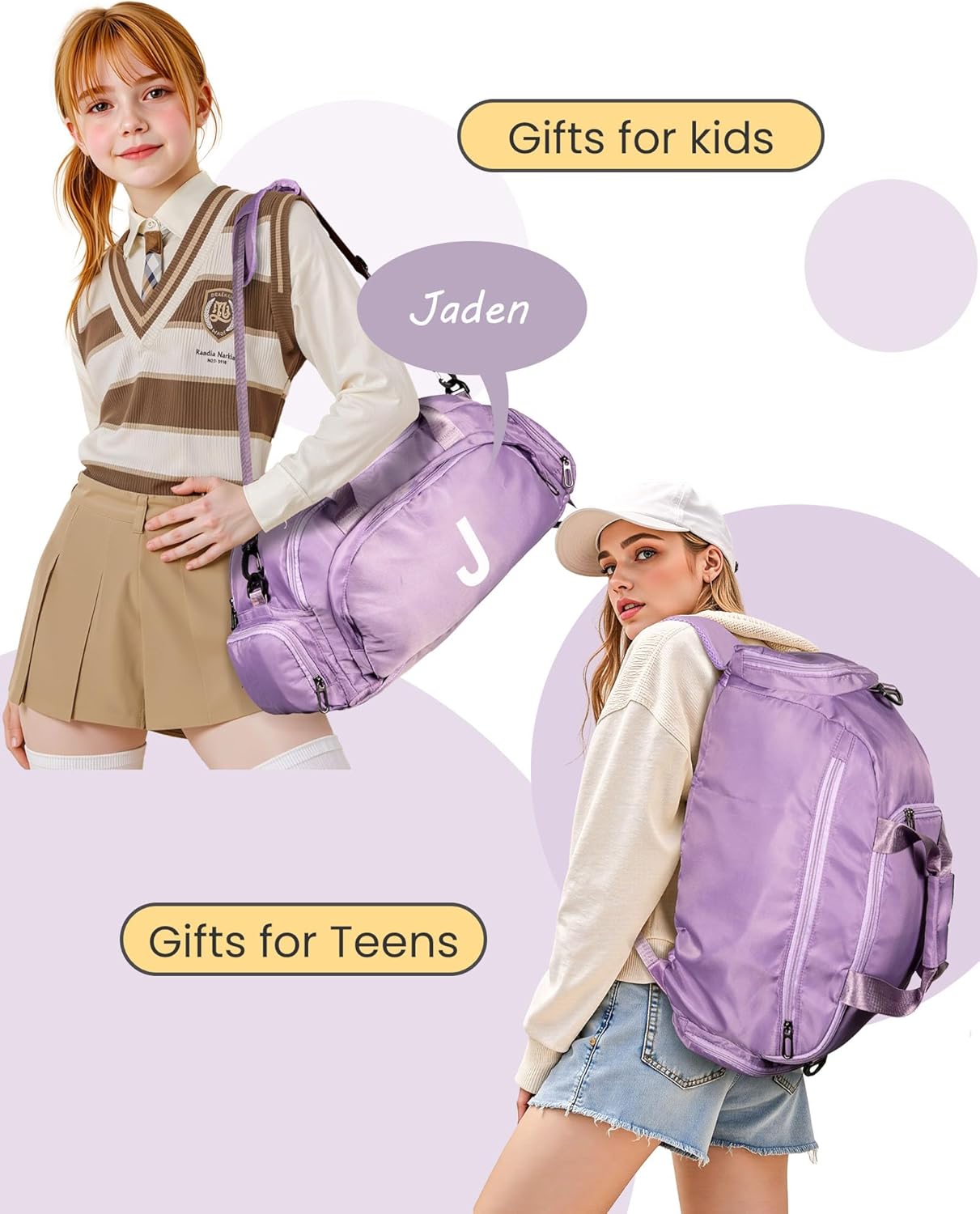 Preppy Stuff-Travel Essentials-Gifts for Girls 16-18, Initial Gym Bags with Shoe Compartment, Dance Bag for Girls, Monogram Kid Overnight Bags, 12 Year Old Girl Birthday Gifts (Letter J)