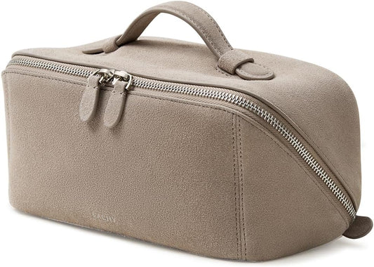 EACHY Leather Makeup Bag, Portable 180° Wide-Open Flat Cosmetic Bag for Women, Large Capacity Make Up Organizer Makeup Pouch with Divider and Handle