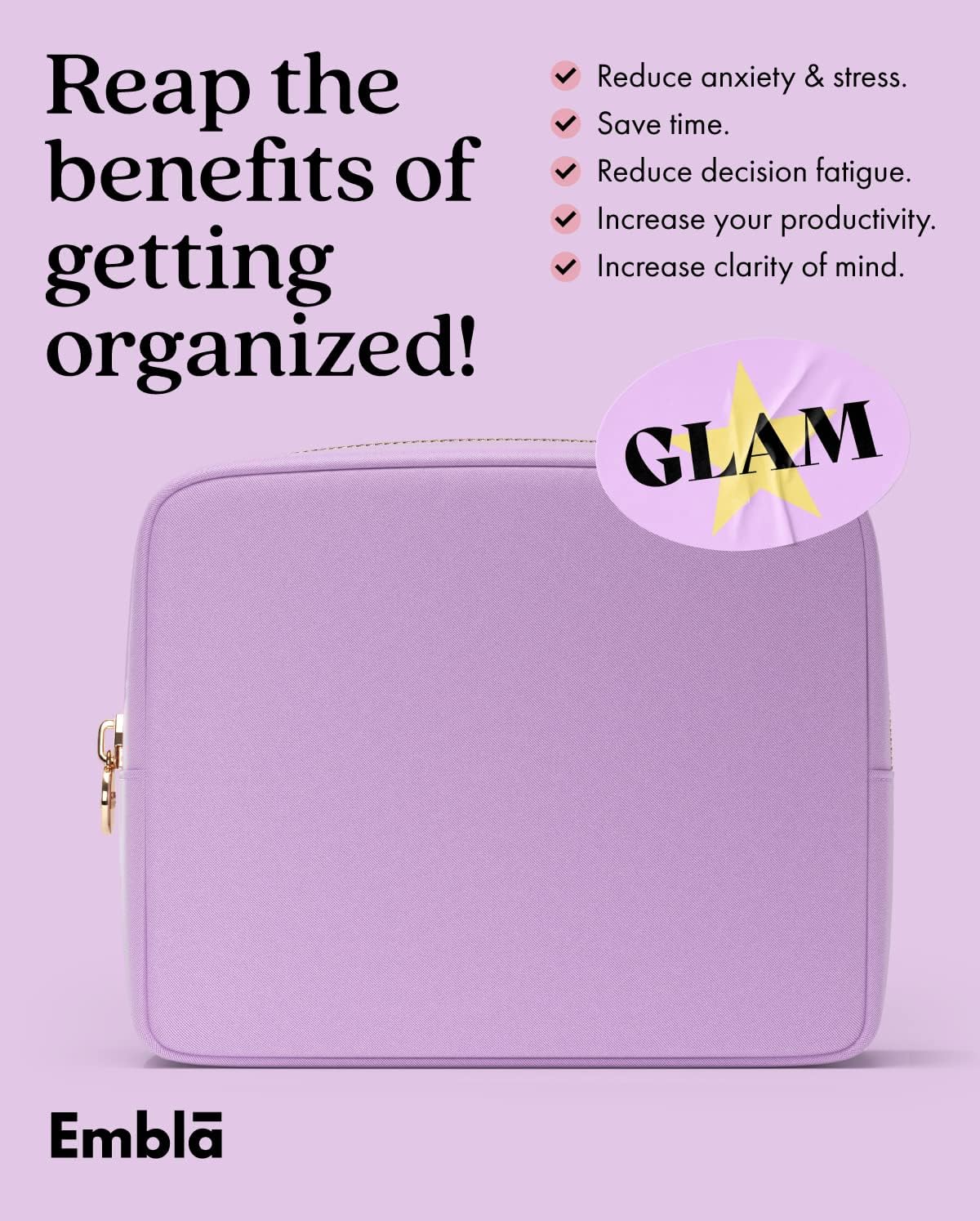 Embla Makeup Bag Travel Cosmetics Pouch and Toiletry Bag, Nylon Zipper Pouch Purse, Cute Make Up Organizer Storage Tote for Women Girls, Waterproof Travel Skincare Case, Large Makeup Bags, Grape