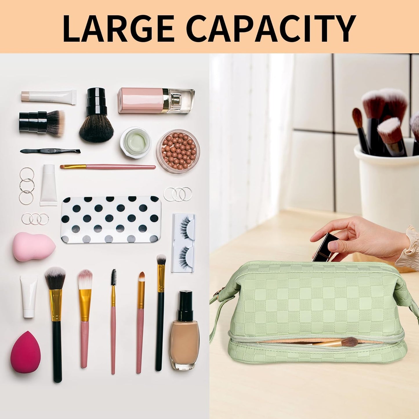Abiudeng Large Capacity Makeup Bag Ladies Cosmetic Bag Travel Bag with Compartments Portable PU Leather Travel Makeup Bag with Handle