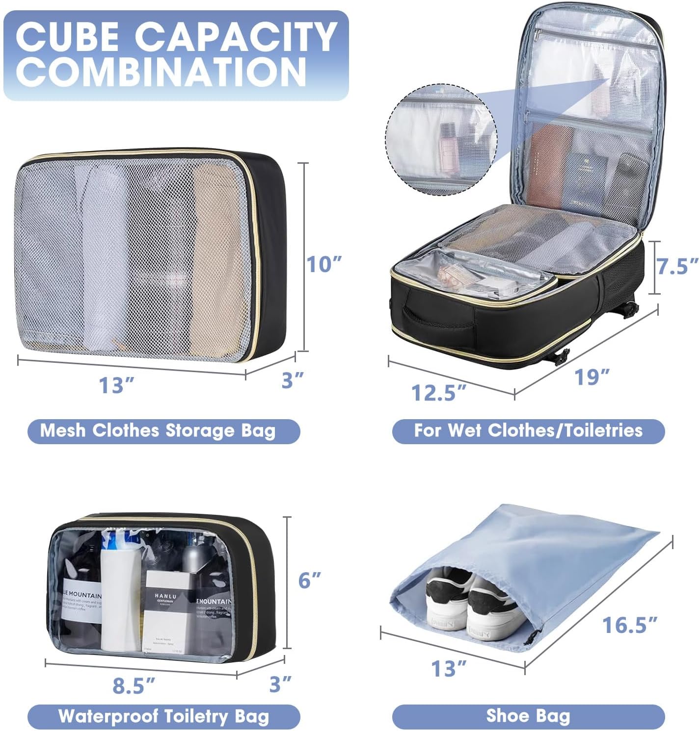 LUOCIP Large Carry On Travel Backpack - Flight Approved Waterproof Luggage Suitcase Backpacks Personal Item Size for Women Fit 17 Inch Laptop College Overnight Weekender Bag With 3 Packing Cube Black