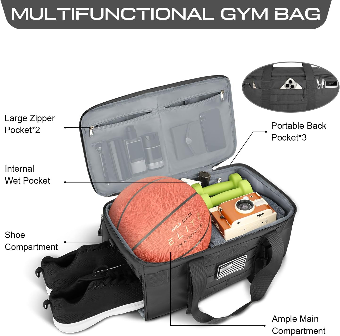 ETRONIK Gym Bags for Men Women, Tactical Duffle Bag Backpack with Shoe Compartment, 3 in 1 Carry on Travel Backpack with Wet Pocket, Weekender Overnight Range Bag for Workout Football Gym, Grey