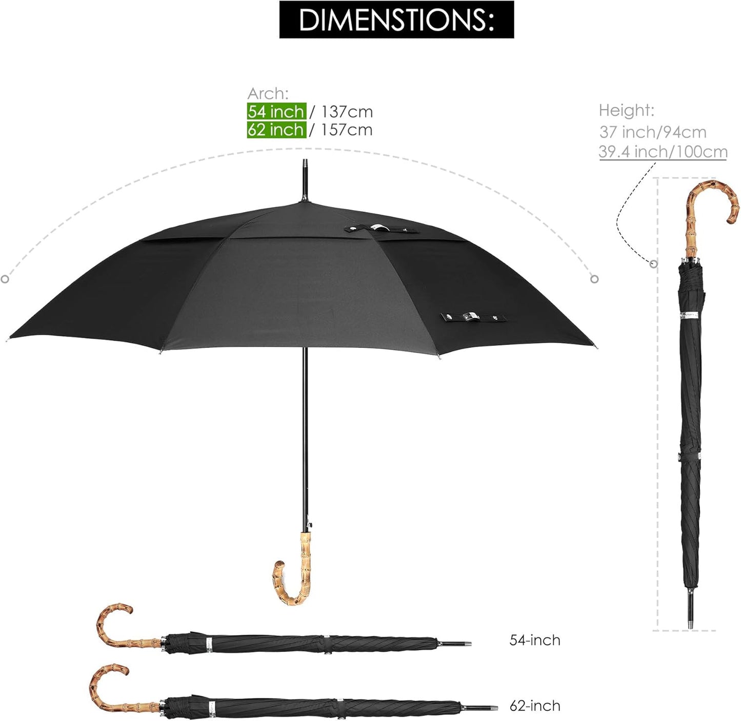 ZEKAR Wood/Bamboo J-Handle Premium Stick Umbrella | 54 & 62 inch | Windproof Large Classic Rain for Men Women | Unique UK Style | 300T Fabric