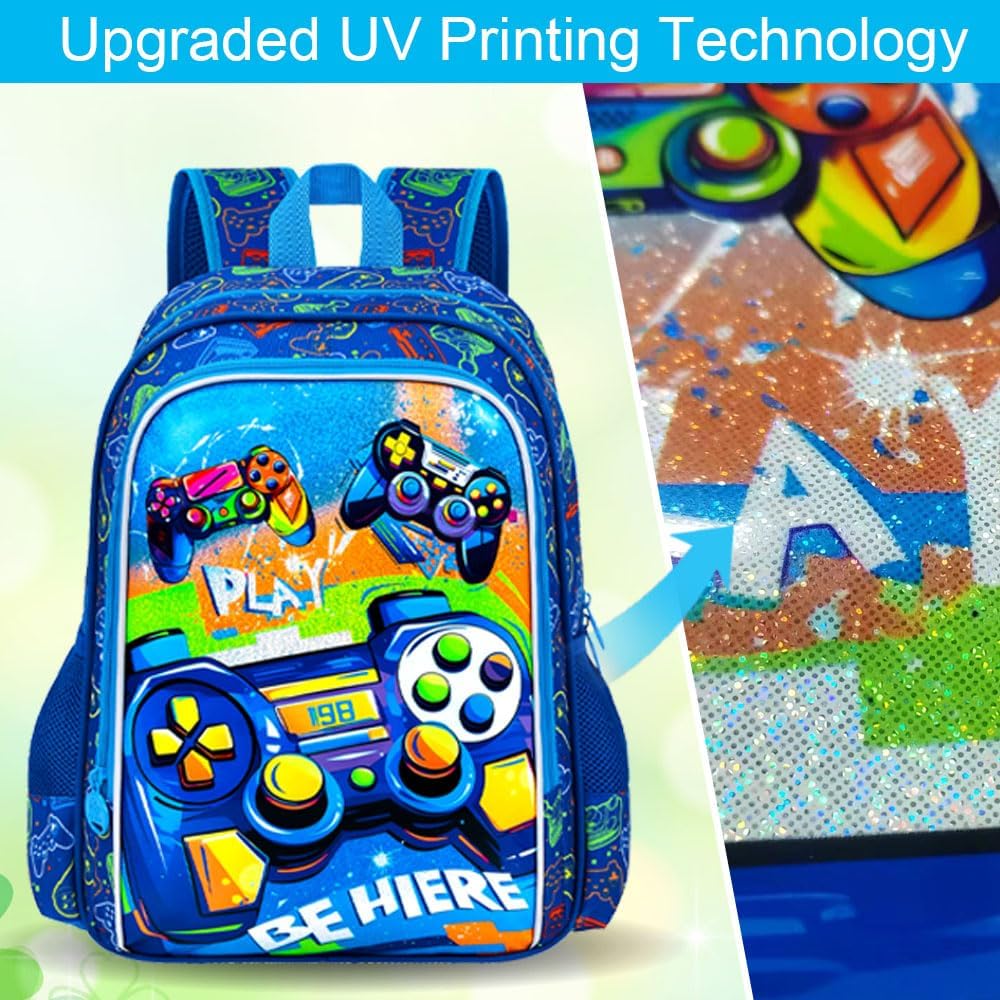 16" Gamer Backpack for Boy, 3Pcs Gaming Kids Bookbag for Elementary Preschool Kindergarten, School Backpacks with Lunch Box(Blue)