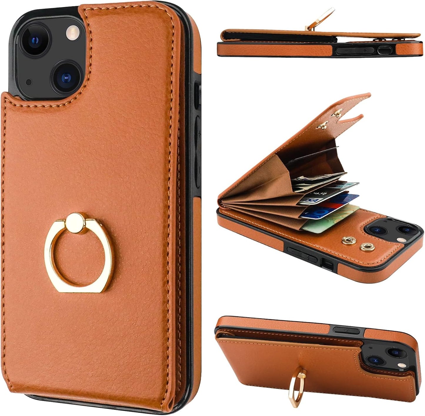 Folosu Compatible with iPhone 14 Case Wallet with Card Holder, 360°Rotation Finger Ring Holder Kickstand, RFID Blocking Leather Protective Double Buttons Shockproof Cover 6.1 Inch Brown