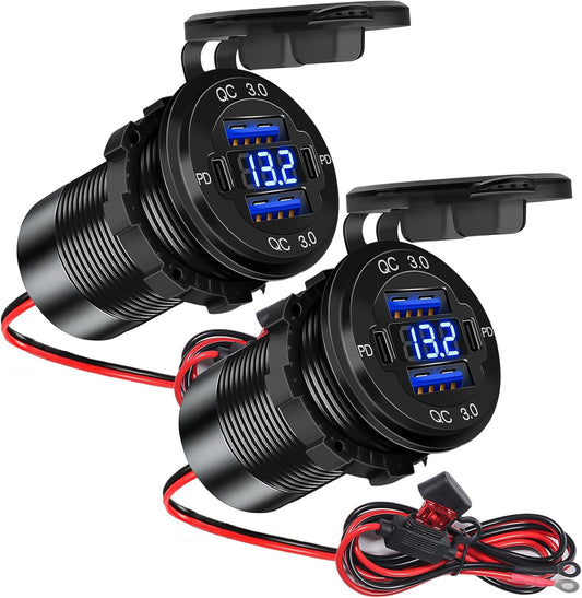 2 Pack 4 Port 12V Aluminum Car Charger - 78W Dual PD & QC Multiple USB Port Socket with Voltmeter, USB C Outlet, 12 Volt Cigarette Outlet Replacement for Marine Boat RV Truck Golf Cart Bus