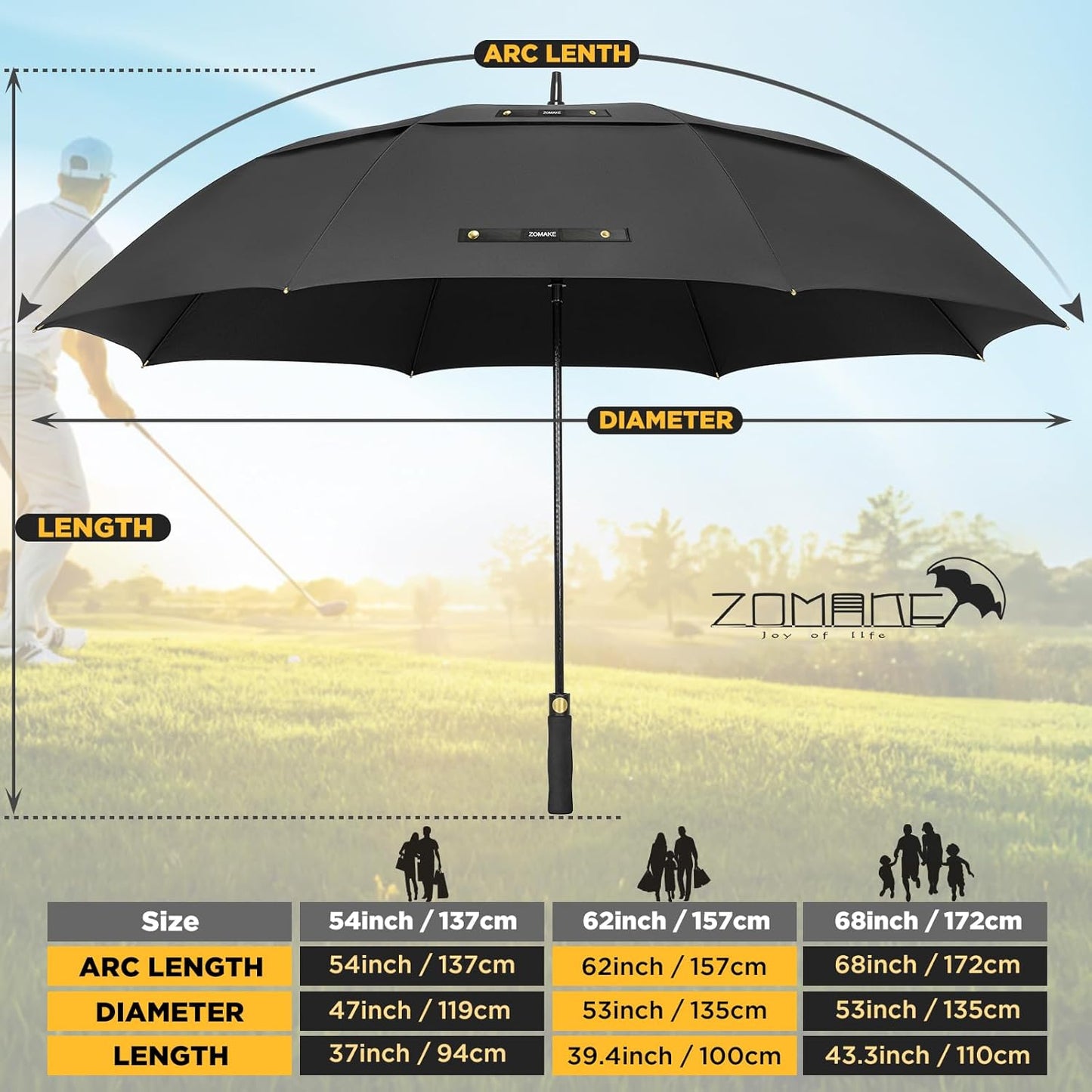 ZOMAKE Golf Umbrella Windproof, Extra Large Oversized Heavy Duty Double Canopy for Rain, Sports Games & Push Cart(51/54/62/68/72Inch)