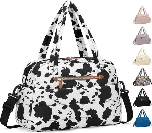 Travel Duffle Bag,Puffer Carry On Duffel Bag with Laptop Compartment Waterproof Overnight Weekender Bags for Women Large Hospital Tote Bags for Labor and Delivery(Medium,Cow Print)