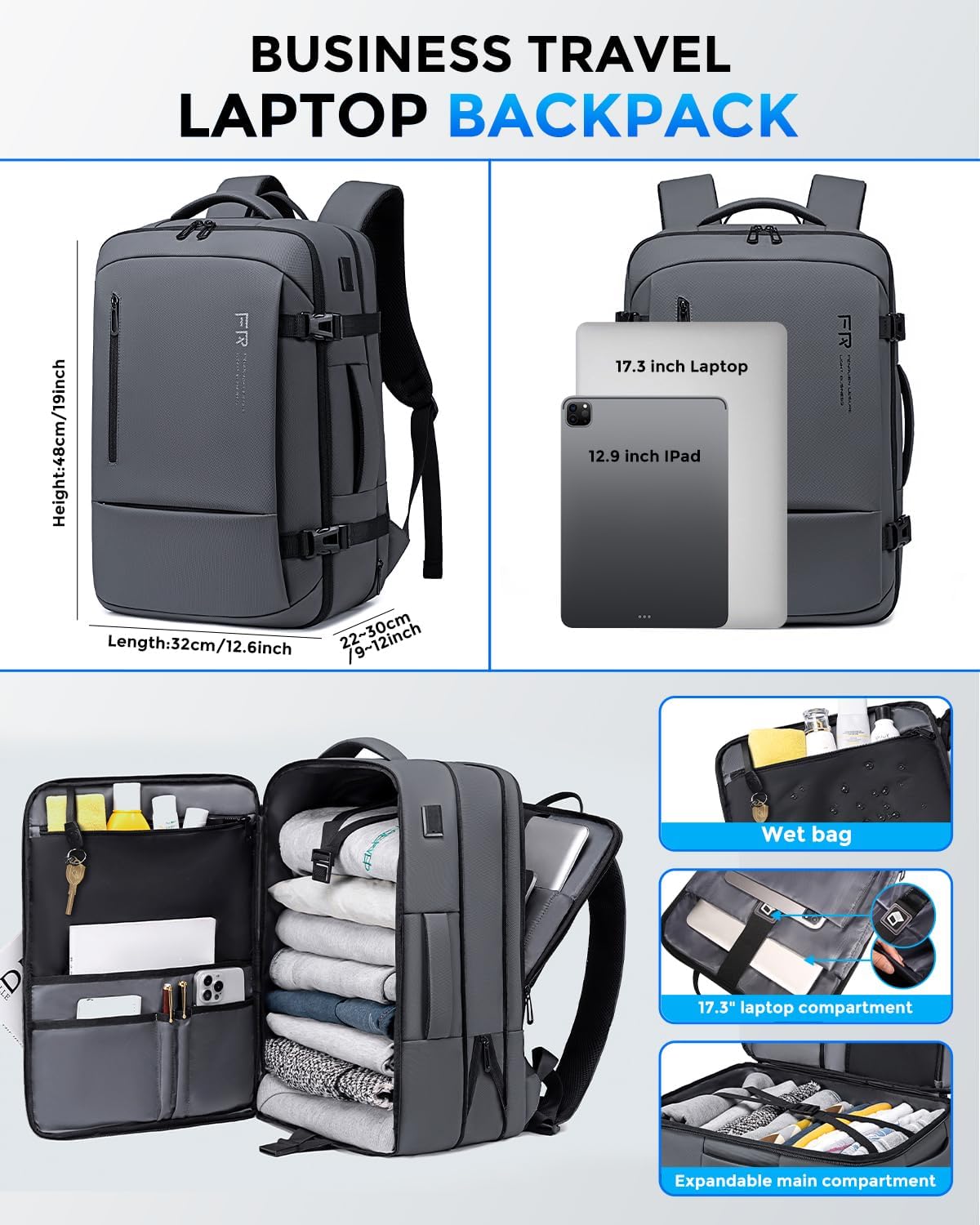 17.3 Inch Travel Laptop Backpack for Men, Water Resistant Carry On Backpack with USB Port, Expandable Computer Daypack, Grey Business Backpack for College/Work