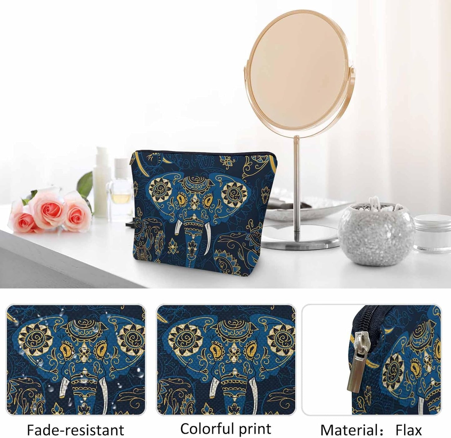 Elephant Makeup Bag - Adorable Cosmetic Bag, Day Of The Dead Sugar Skull Elephant Blue Zipper Bag Travel Toiletry Organizer Pouch For Gym Bathroom