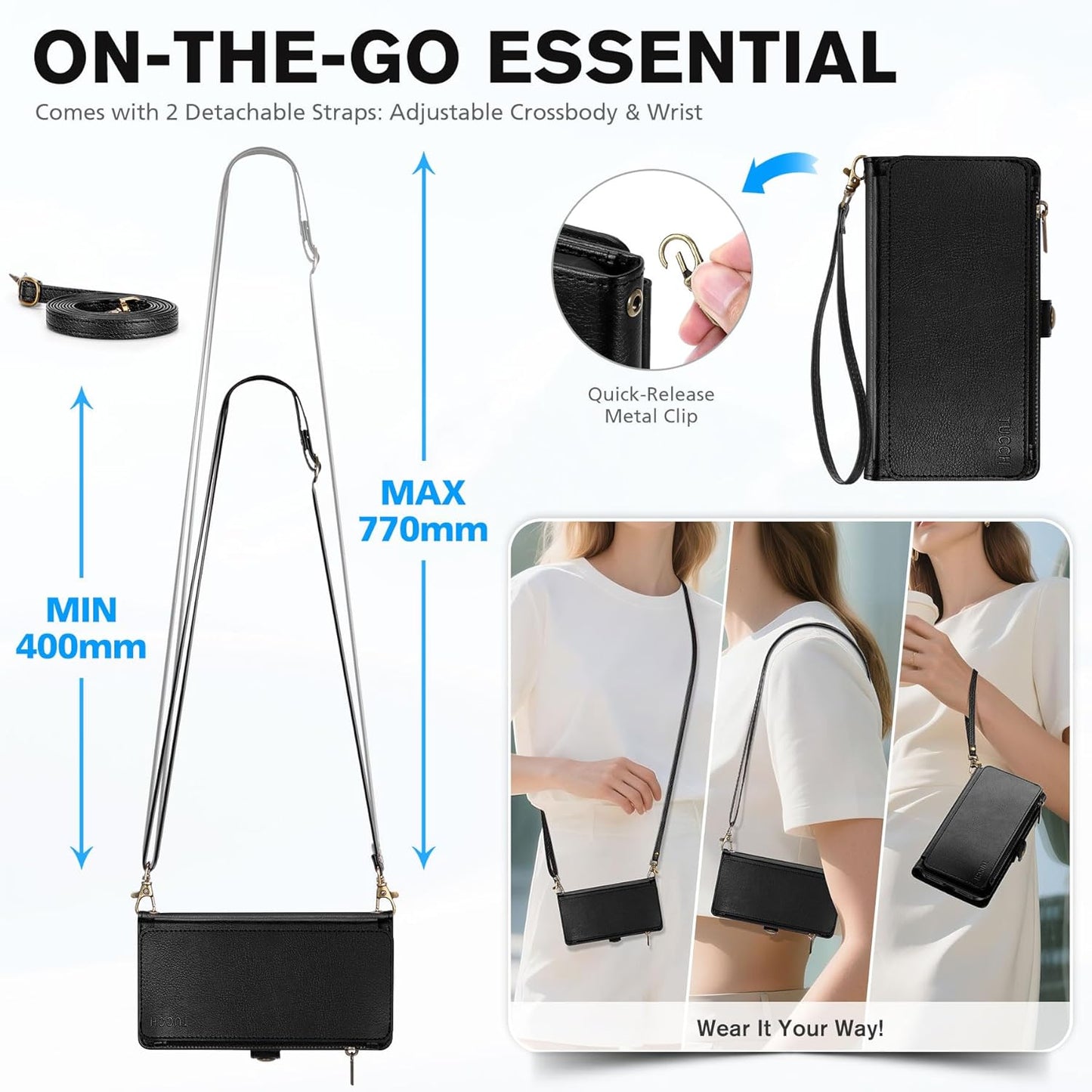 TUCCH Removable Crossbody Case Wallet for iPhone 17 6.3" 2025, 9 Card Slot RFID Blocking, Stand, Lanyard, Wrist Strap, Wireless Charging, Zipper Pocket, PU Leather, Magnetic Flip Cover, Textured Black