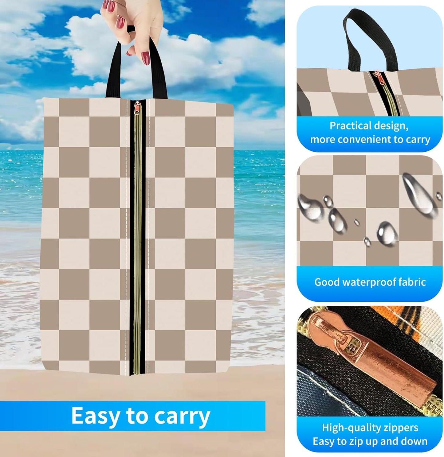 2pcs Shoe Organizer for Travel, Packing Shoe Travel Bags, Cute Shoe Bag with Zipper & Handle, Portable Travel Essentials for Women and Men Brown Checker