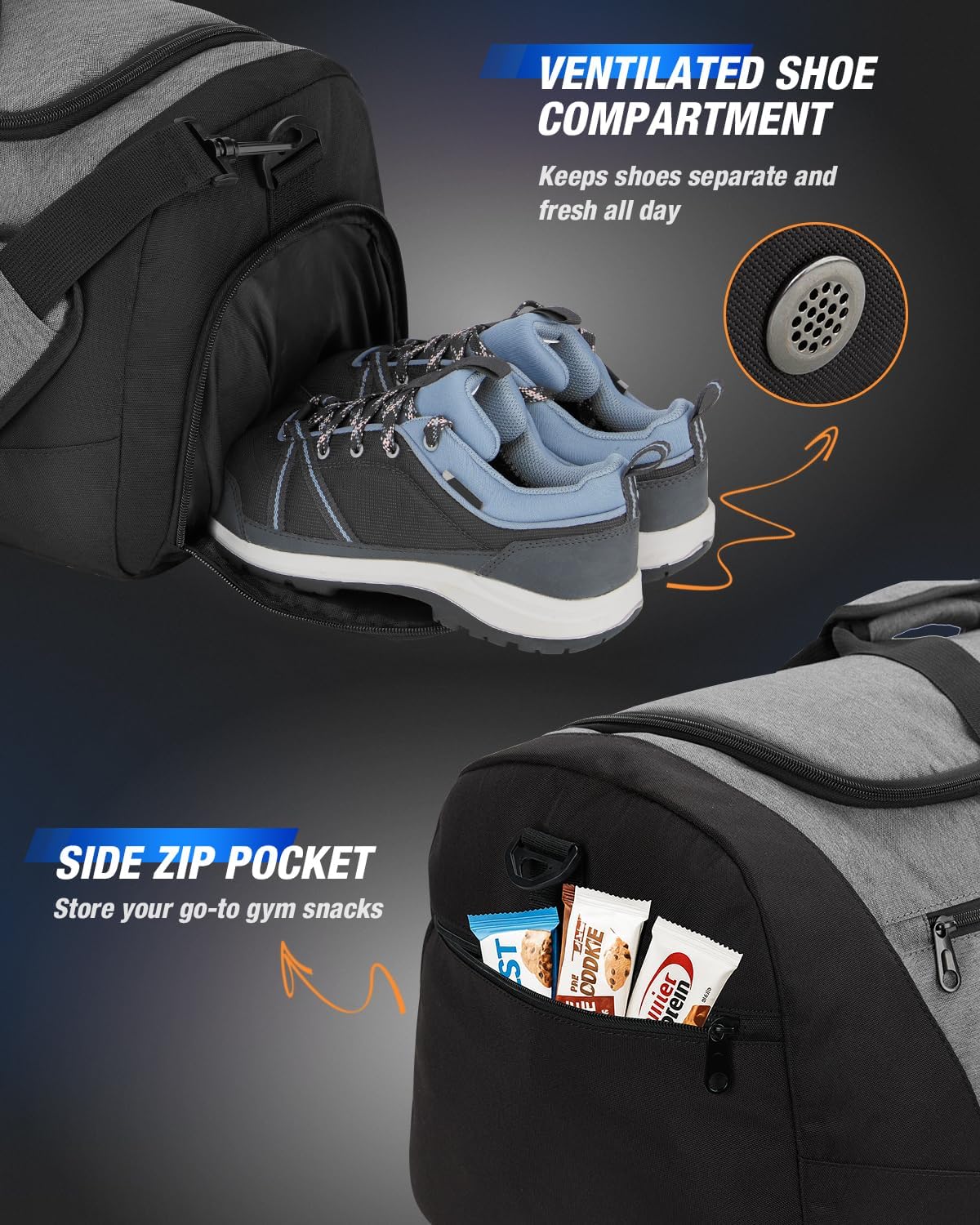 Gonex Gym Duffel Bag with Shoe Compartment Wet Pocket, Large Capacity Sports Duffle Bag for Men Women, Workout & Travel Bag with Multiple Pockets, Black/Gray, Small (30L)