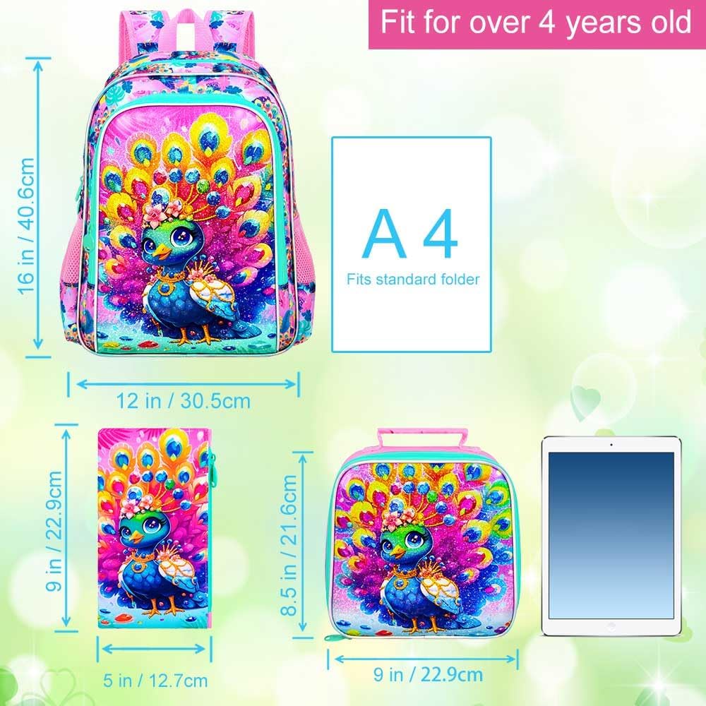 16" Backpack for Girls, 3Pcs Peacock Kids Bookbag for Elementary Preschool Kindergarten, School Backpacks with Lunch Box(Pink)