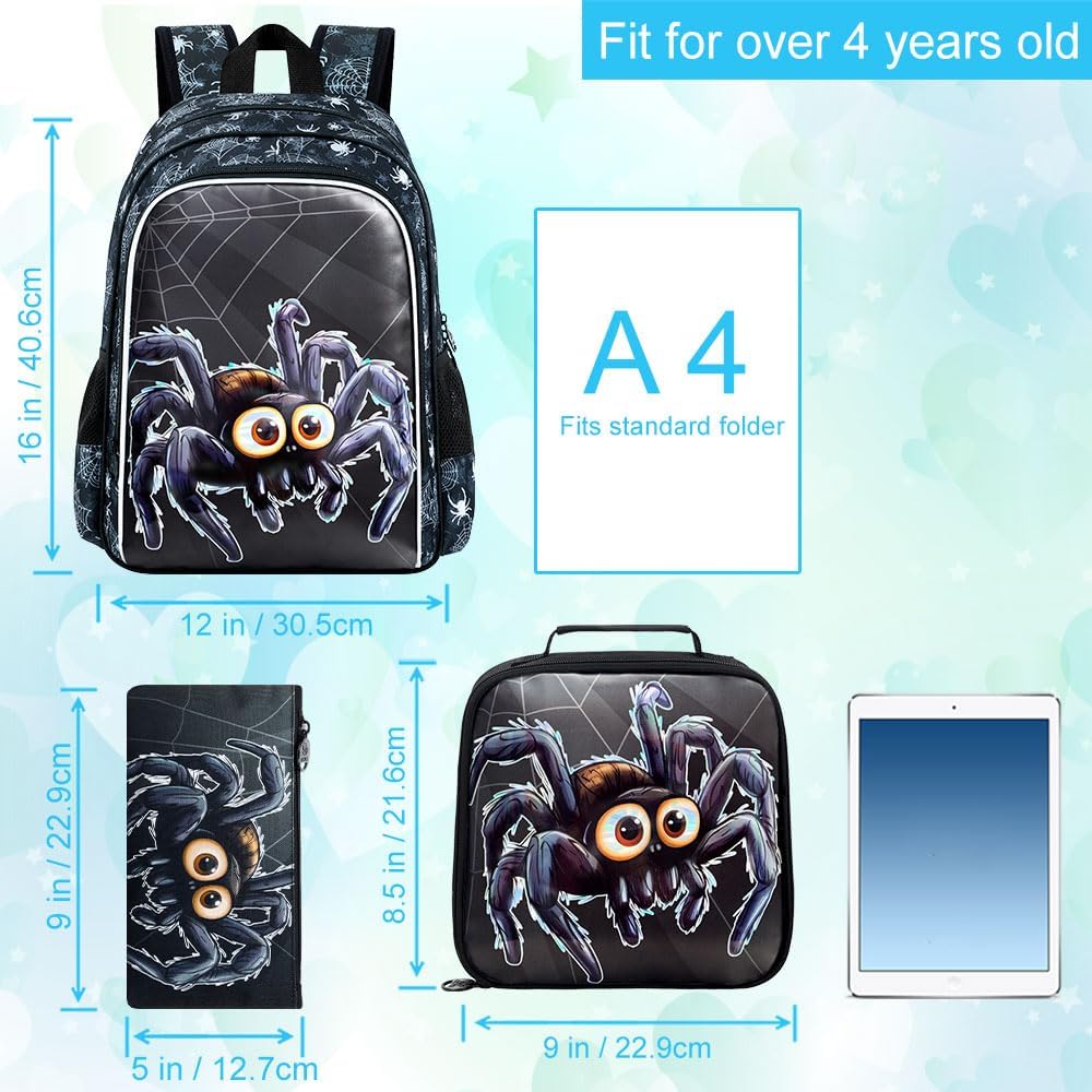 CCJPX 3PCS Kids Backpack for Boys, 16 Inch Spider Water Resistant Preschool Bookbags, Cool Elementary Kindergarten School Backpacks and Lunch Box