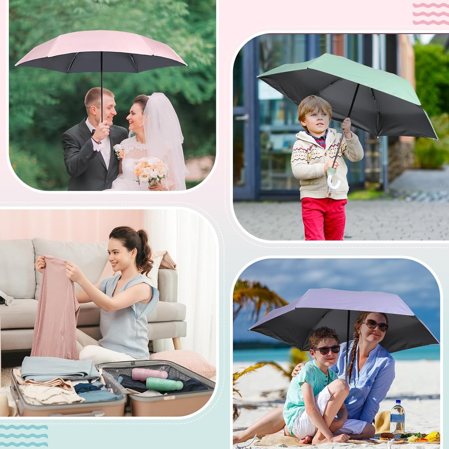 Sweetude 12 Pcs Travel Mini Umbrellas for Purse Bulk Folding Compact Lightweight Windproof UV Pocket Collapsible Umbrella for Kids Backpack Rain Wedding Party Women Girls