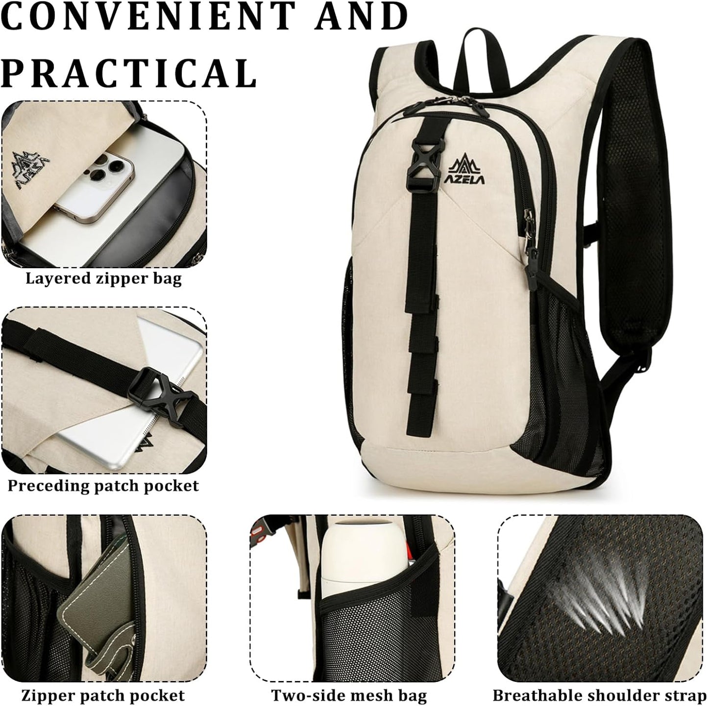 15L Small Hiking Backpack Foldable Ultralight Trekking Camping Outdoors Backpack for Women Men (beige)