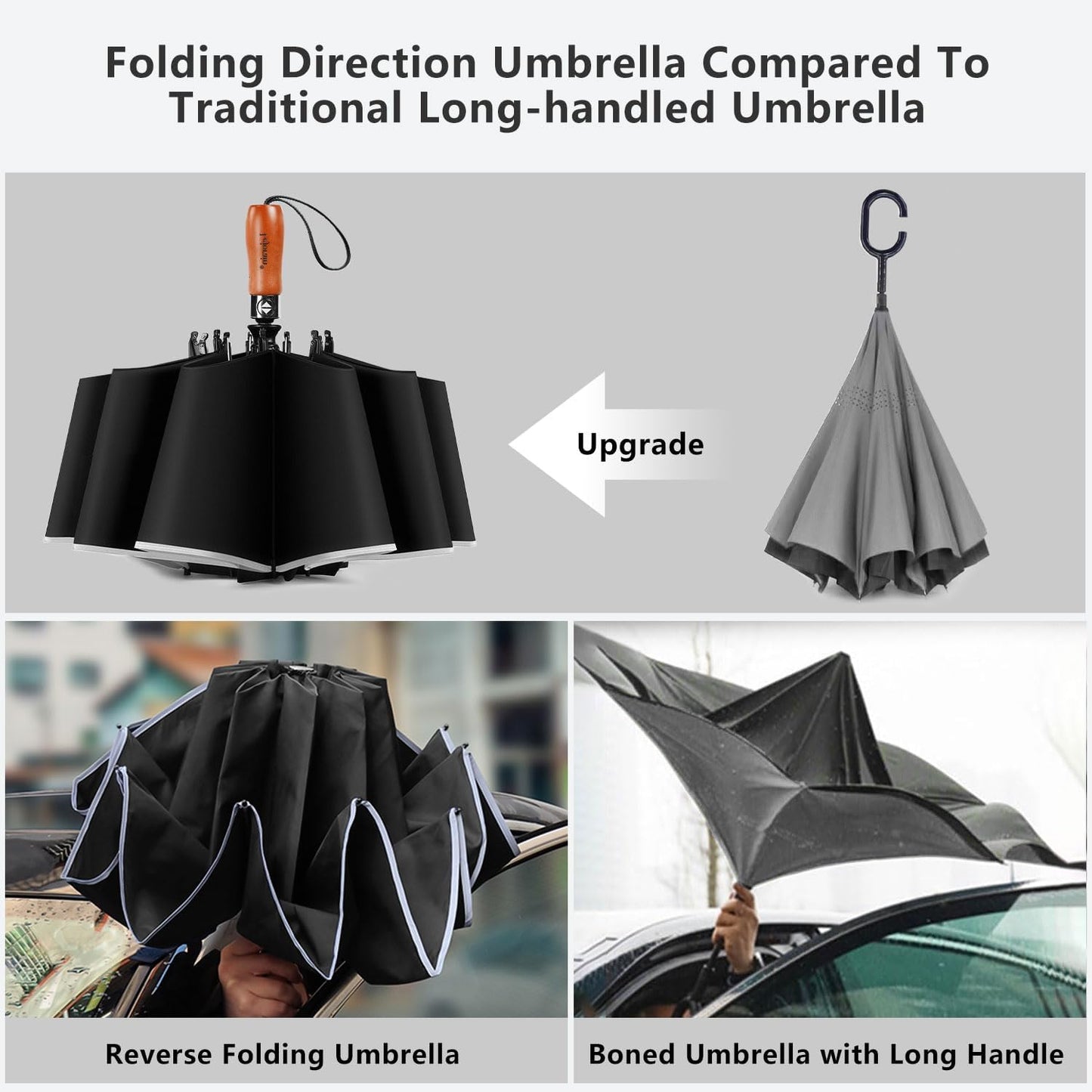 Lejorain Golf Large Inverted Umbrella - Black Big Windproof Heavy Duty Upside Down 46/50/54 Inch Compact Reverse Car Automatic Folding Reflective Umbrella