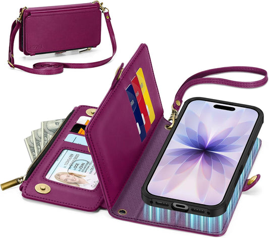 TUCCH Crossbody Detachable Wallet Case for iPhone 17 (6.3") 2025, 9 Card Holders RFID Blocking, Wireless Charging, Stand, Wrist Strap, Lanyard, Zipper Pocket, PU Leather Shockproof Cover, Plum Purple