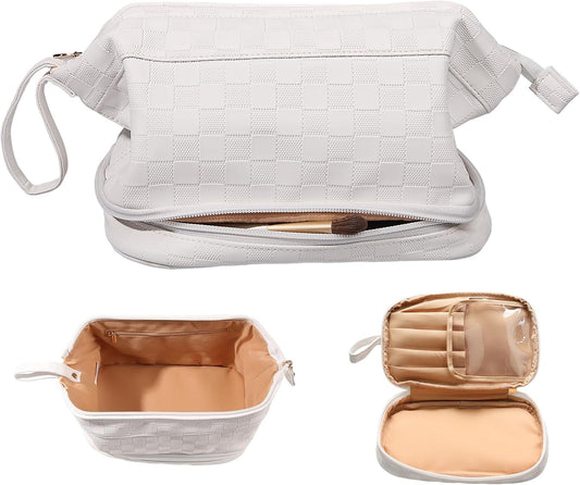 Abiudeng Large Capacity Makeup Bag Ladies Cosmetic Bag Travel Bag with Compartments Portable PU Leather Travel Makeup Bag with Handle