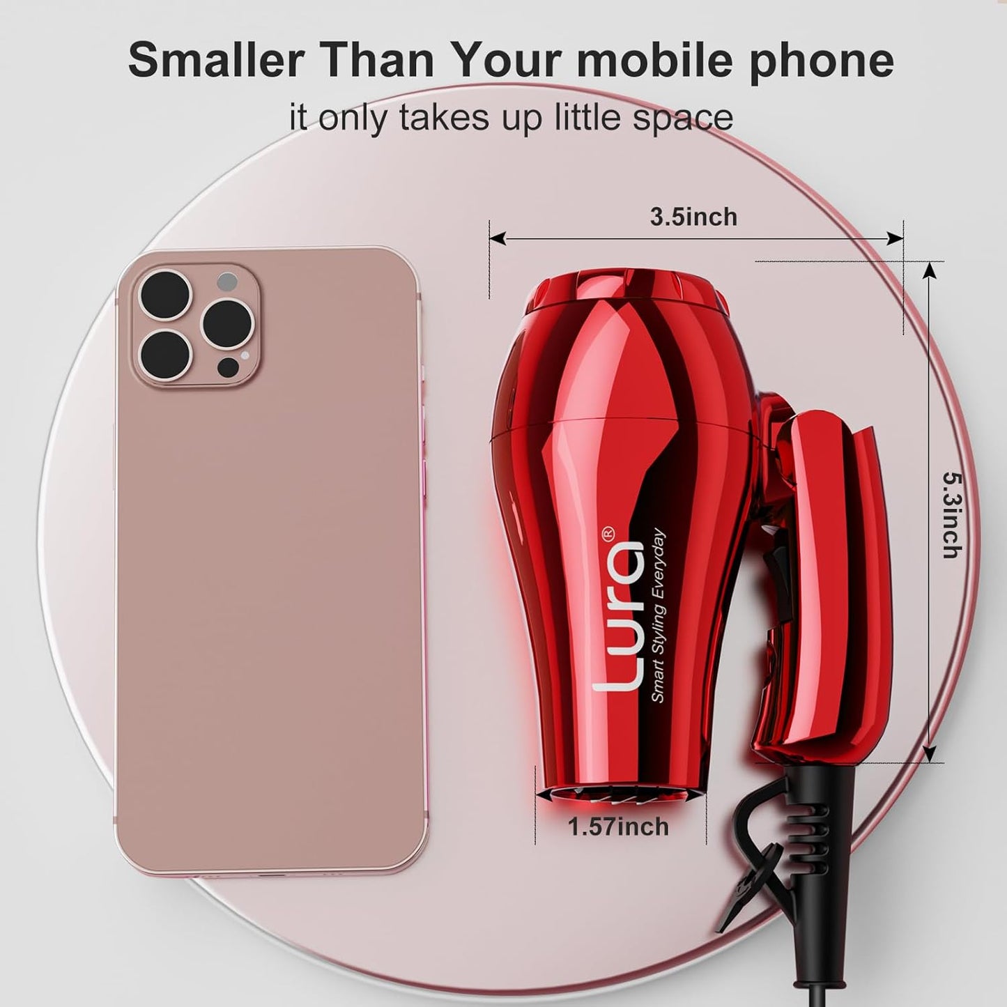 LURA Mini Portable Travel Hair Dryer:Dual Voltage Small Lightweight Blow Dryer with EU Plug,1200W Compact Hairdryer with Folding Handle,with Concentrator&Diffuser Attachment,for Women and Men(Red)