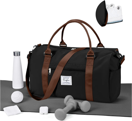 Gym Bag for Women Men with Shoes Compartment,Sports Duffle Bag Personal item travel Duffel Bags Tote Bag Small Carry on Weekender Overnight Bags Workout Dance Bag Hospital Holdalls Black Brown