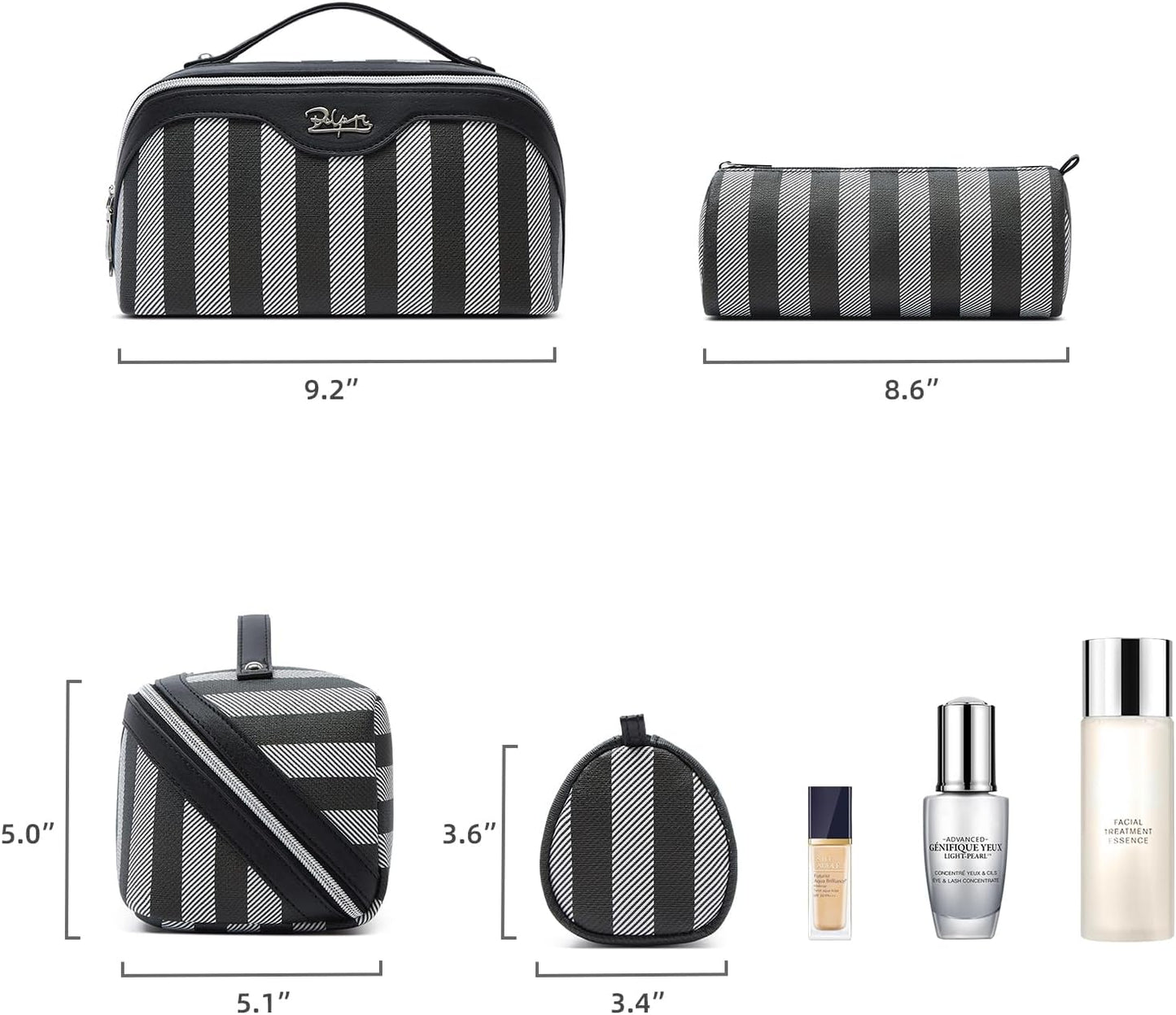 BOYATU Travel Makeup Bag for Women: Large Cosmetic Bag Set of 3 - PU Leather Make up Bag with Compartments - Compact Waterproof Toiletry Bag with Divider & Handle (B-4-Black)