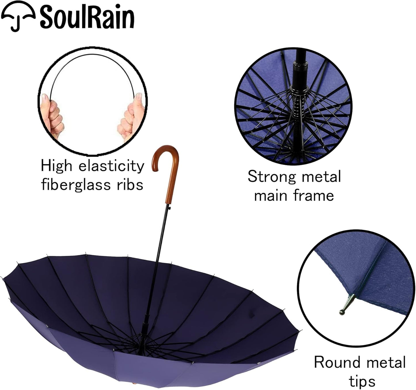 SoulRain 16 Ribs 48" Stick Umbrella Auto Open Solid Color Fashionable and Simple，Arc Classic Wood Handle，Windproof Unbreakable Stick Rain Umbrella