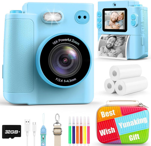 Kids Camera Gift for Boys Girls: Digital Camera Instant Print Support Dual HD Video Toys for Kids Teen Boys Girls Ages 3 4 5 6 7 8 9 10 11 12 Birthday Christmas Valentines Gifts with 32G SD Card Blue